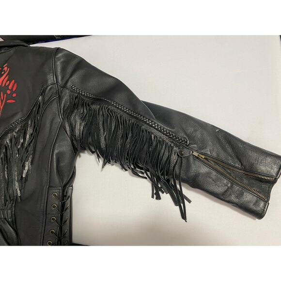 NWOT Women’s Black Fringe Leather Motorcycle Jacket Size Large Rose Inserts - Picture 11 of 15